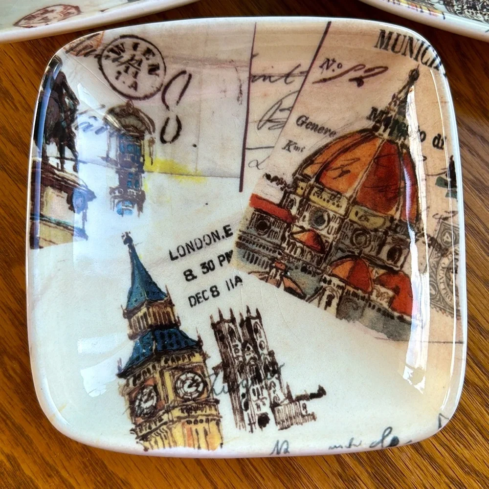 Williams Sonoma 5” Square Snack Appetizer Dishes Grand Tour Postcard Series